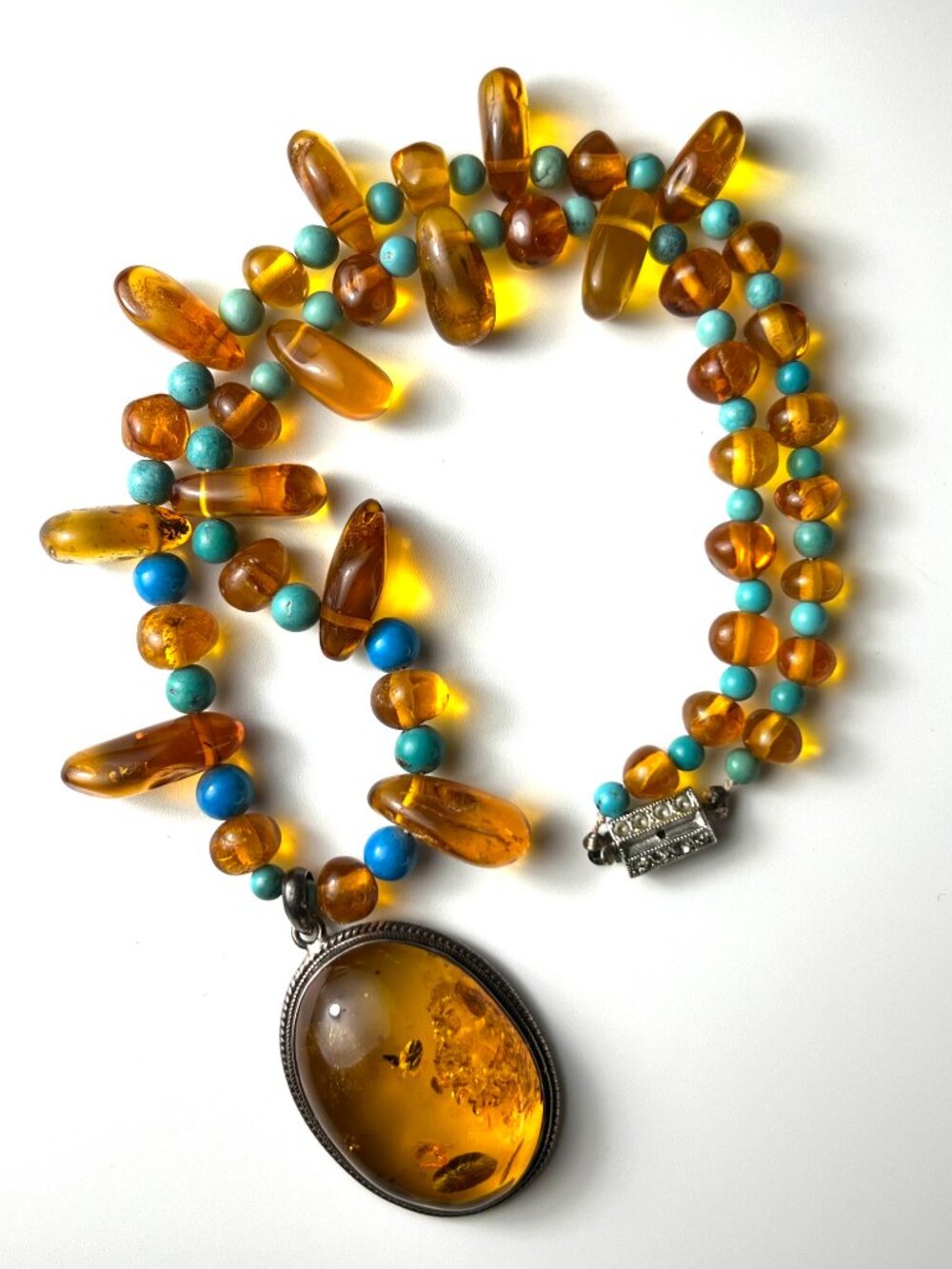 Vintage Sterling Silver Genuine Baltic Amber & Turquoise Statement Necklace